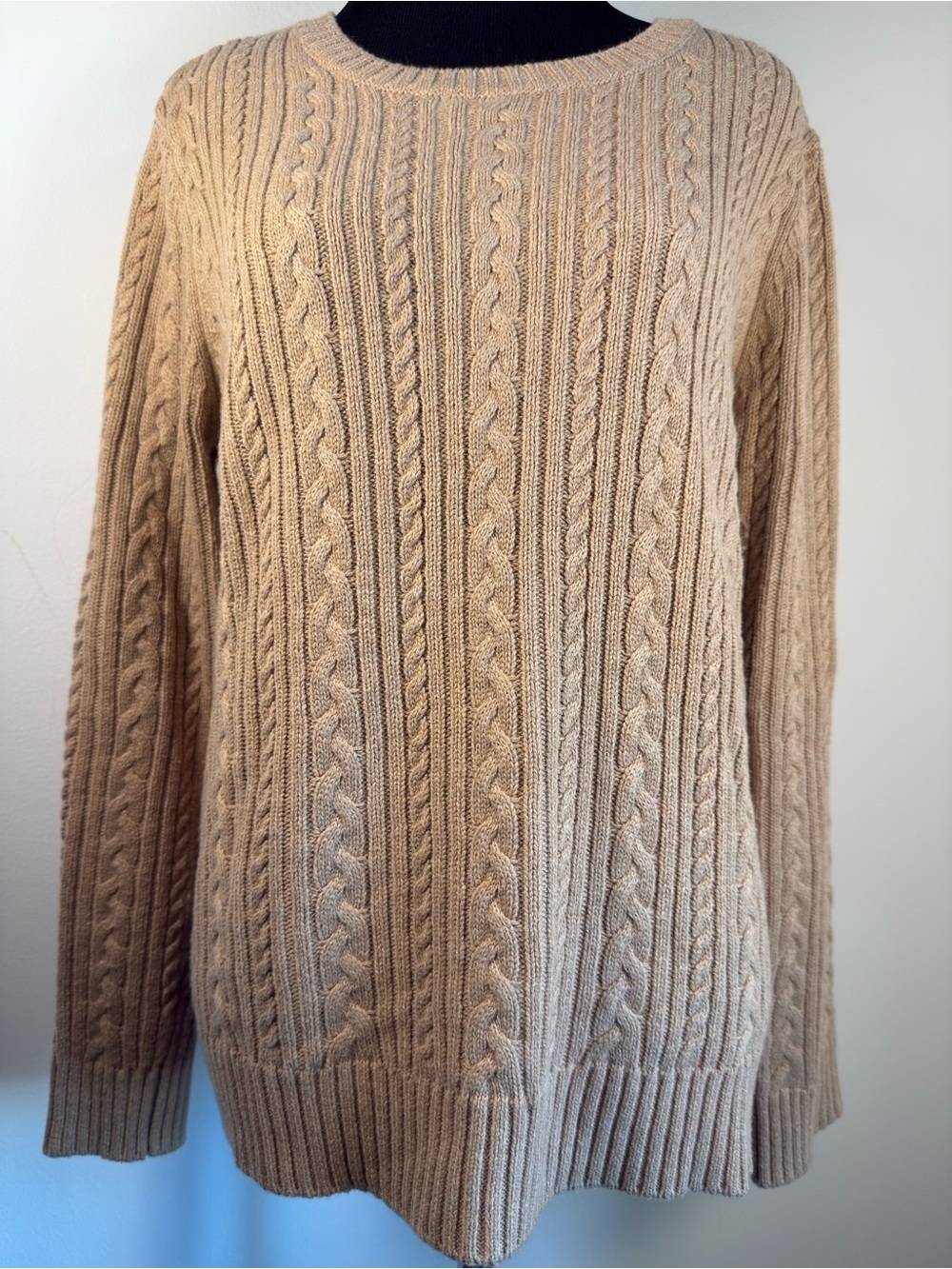 Vintage Tan Cable Knit Wool Blend Pullover Sweater Women Medium Classic Neutral